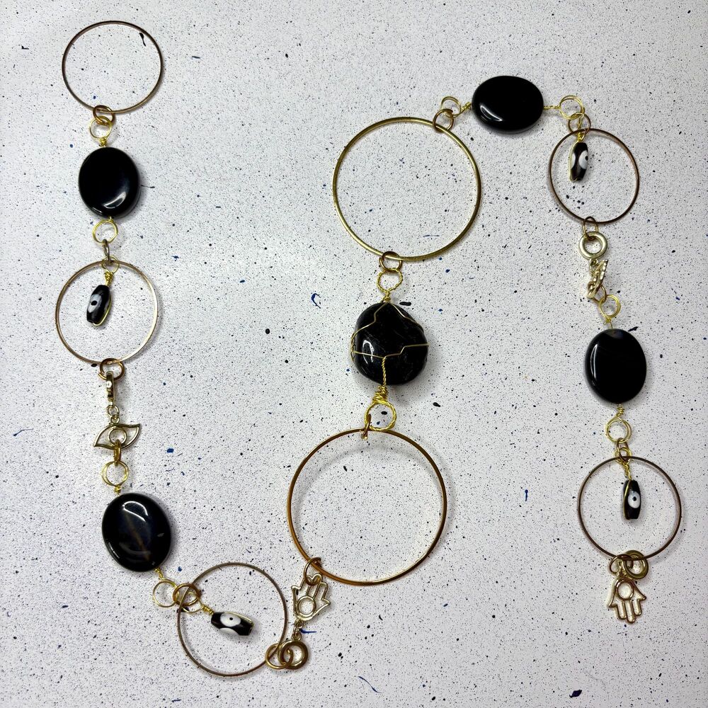 Black Tourmaline Black Onyx Gemstone Hanging Hamsa Evil Eye Gold Charms